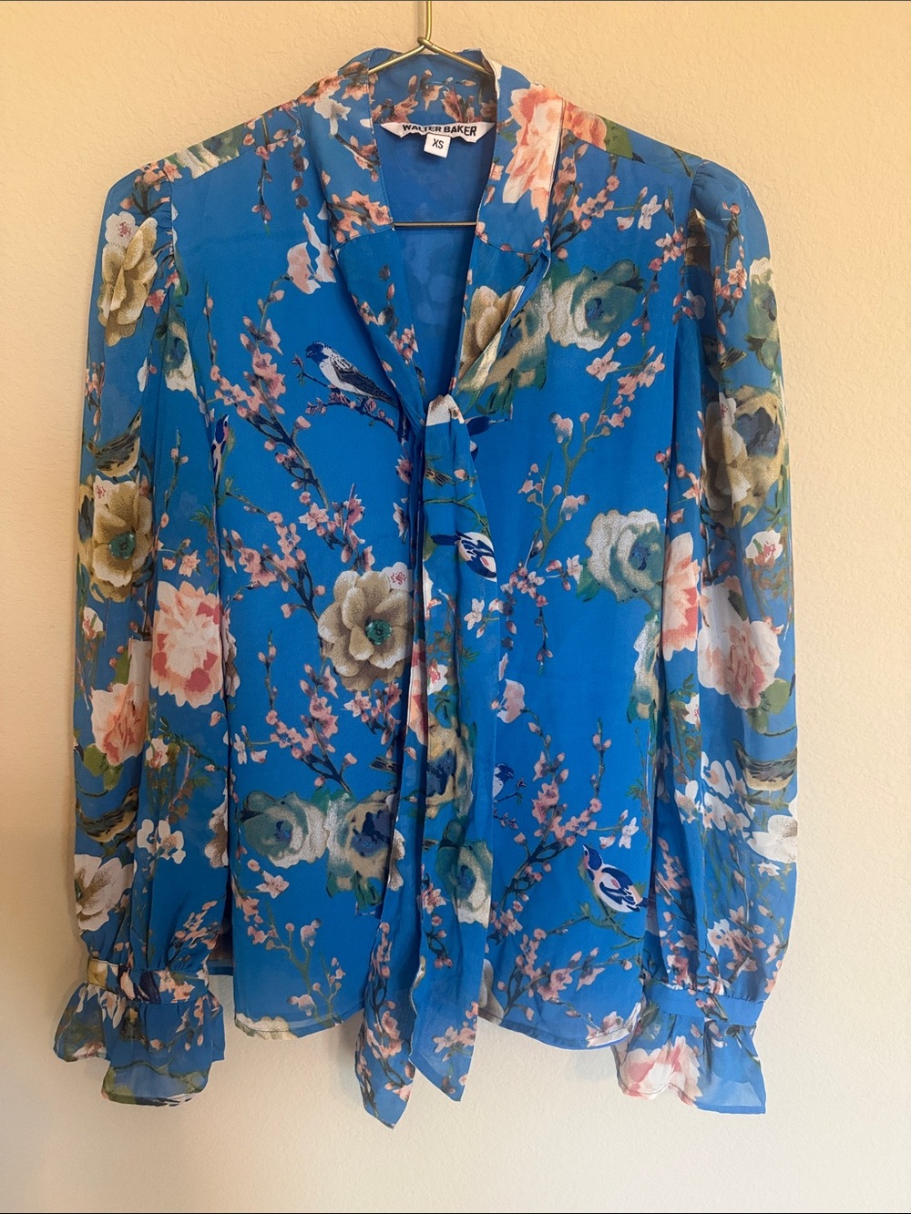 Walter Baker Blue Floral Tie-Neck Chiffon Blouse. Size XS
